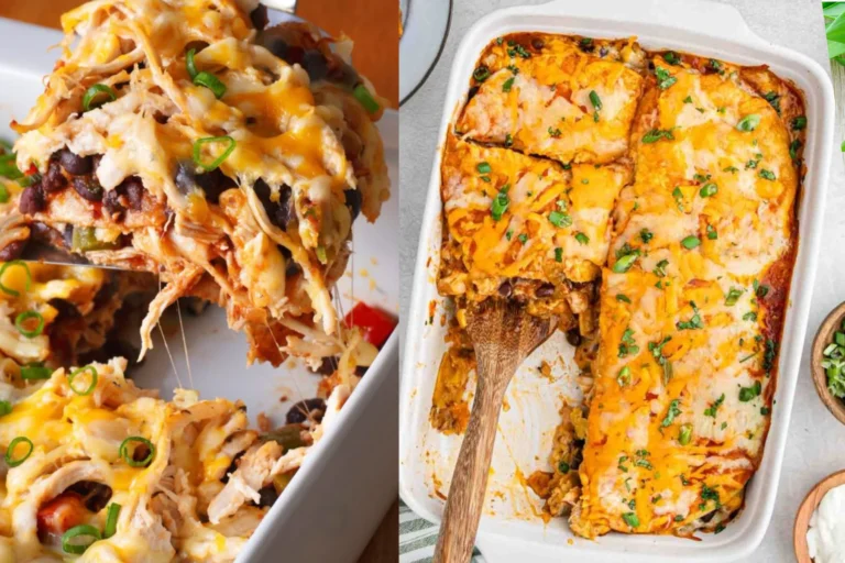 Chicken enchilada casserole with shredded chicken, black beans, and cheese – easy weeknight meal.