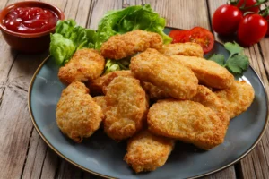 Crispy air fryer chicken nuggets served with dipping sauces and sweet potato fries on a plate