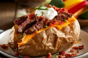 Loaded baked potato with steak, cheddar cheese, bacon, and sour cream on a wooden table.