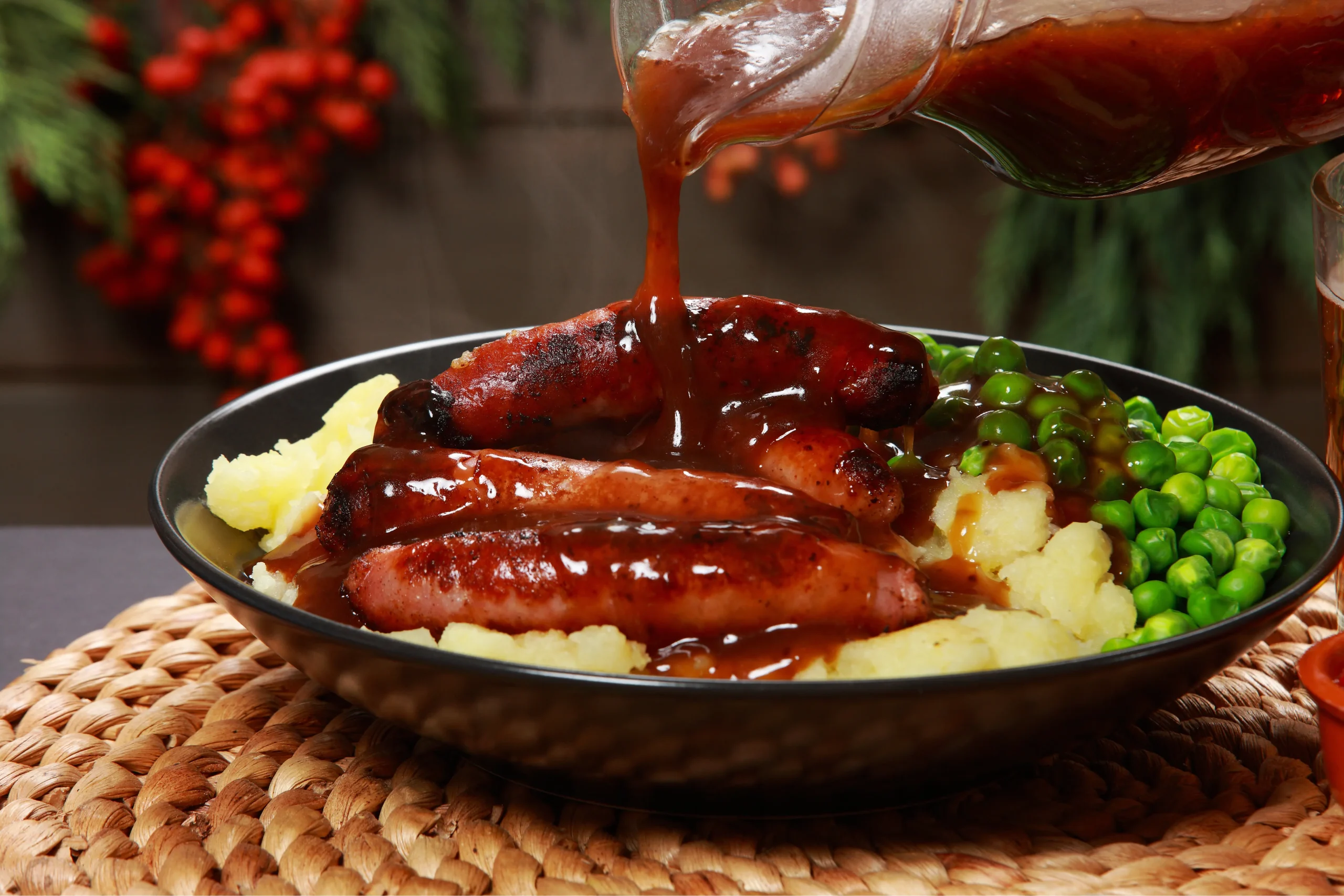 Hearty serving of bangers and mash – a family-friendly British meal.