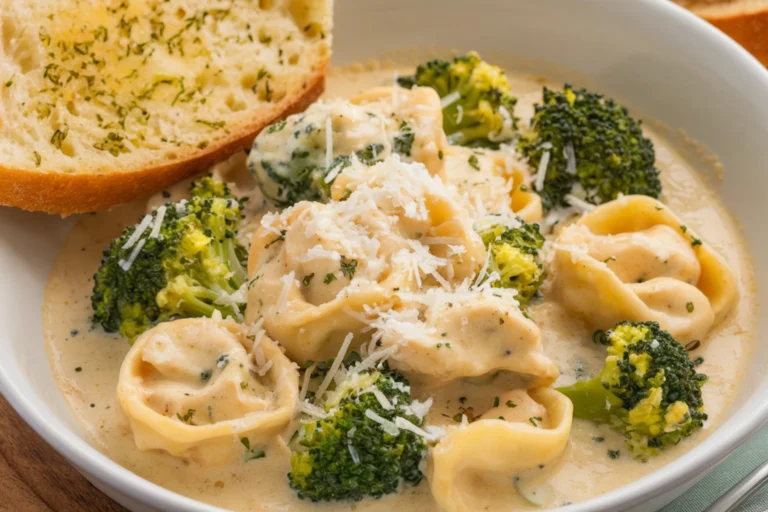 A close-up of creamy Garlic Parmesan Tortellini with broccoli florets in a rich, savory sauce, garnished with grated Parmesan and fresh herbs in a skillet.