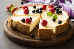 Classic New York cheesecake with Fresh strawberry or blueberry compote adds a touch of sweetness