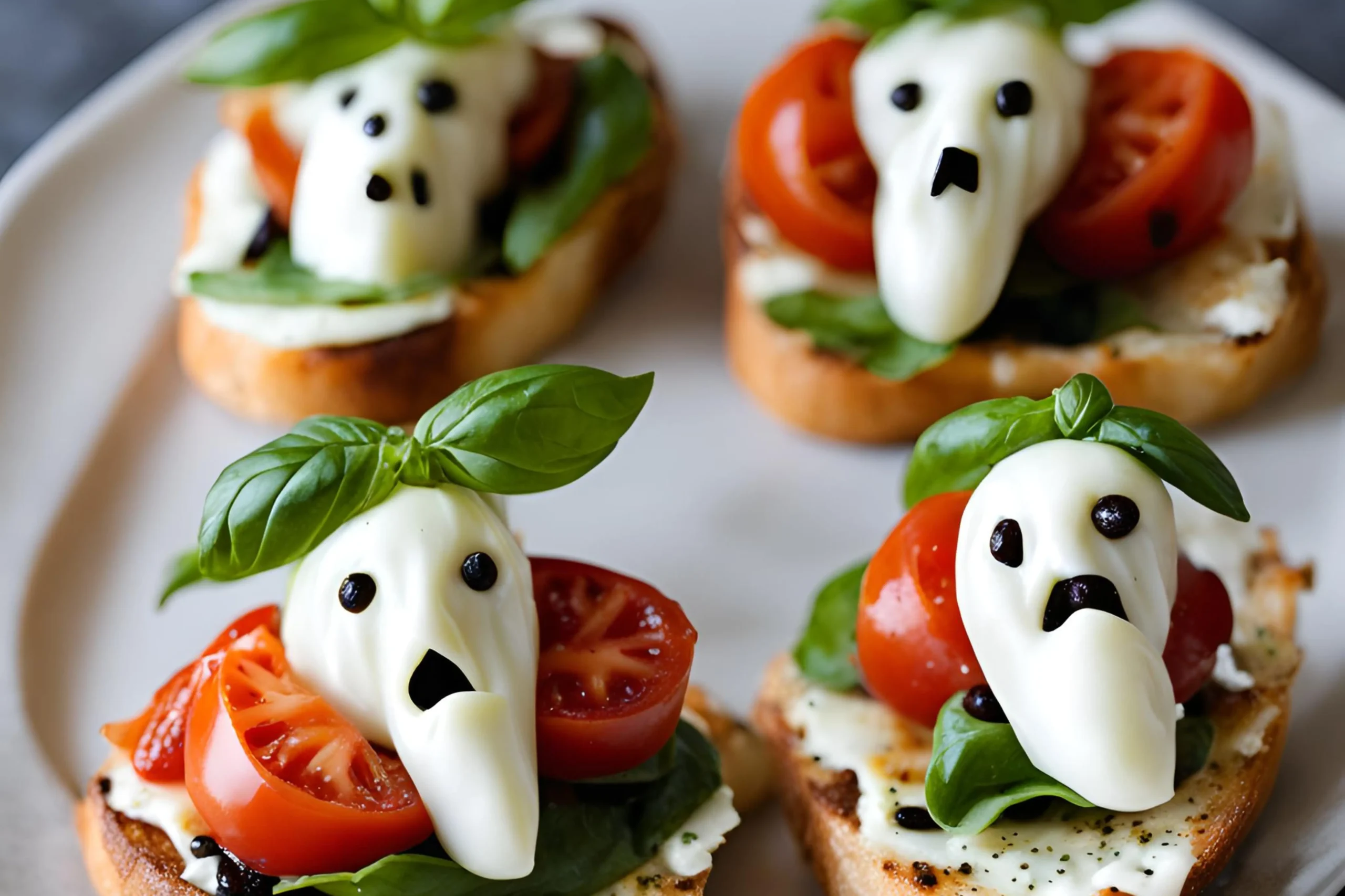 Caprese Crostini Halloween appetizer shaped like spooky ghosts with mozzarella, cherry tomatoes, and basil.